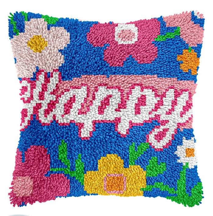 L234 Print 43x43cm Latch Hook Kit Sarung Bantal Rajut Happy
