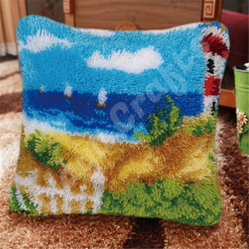 L160 Print 45×45 cm Latch Hook Kit Sarung Bantal Rajut Beach Lighthouse 1